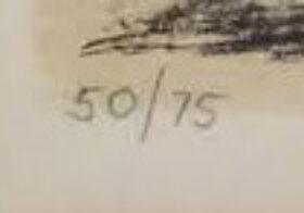 An edition number from a Lowry print indicating this is print 50 from an edition of 75. The first number has no impact on the value.