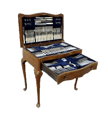 A wonderful Queen Anee style canteen containing an extensive service of silver flatware.