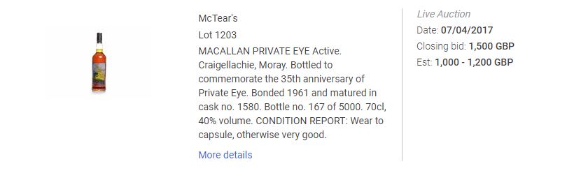 An excerpt from an online price database showing the sale of a bottle of Macallan Private Eye in 2017.