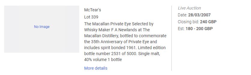 An excerpt from an online price database showing the sale of a bottle of Macallan Private Eye in 2002.