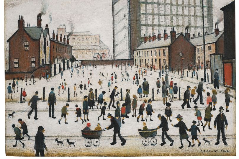 Painting by Lowry of people milling around next to a mill