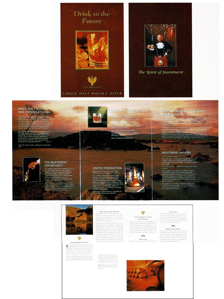 False Profit Cask Invesment Scams 1990s A selection of Investment brouchures from Gleneagles Spirit Management and The Spirit Company as printed in Whisky Magazine Volume 2.