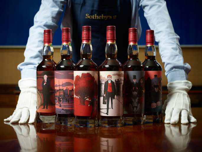 The Macallan Red Collection with labels illustrated by Javi Aznarez. Image via Sotheby's