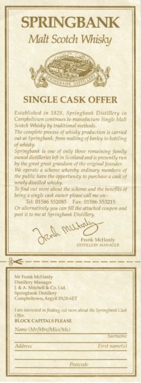Springbank cask offer leaflet 1990s If only this application form was still valid in 2022...