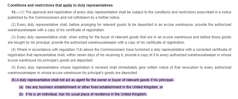 What is a duty representative Warehousekeepers and Owners of Warehoused Goods Regulations 1999 part vII