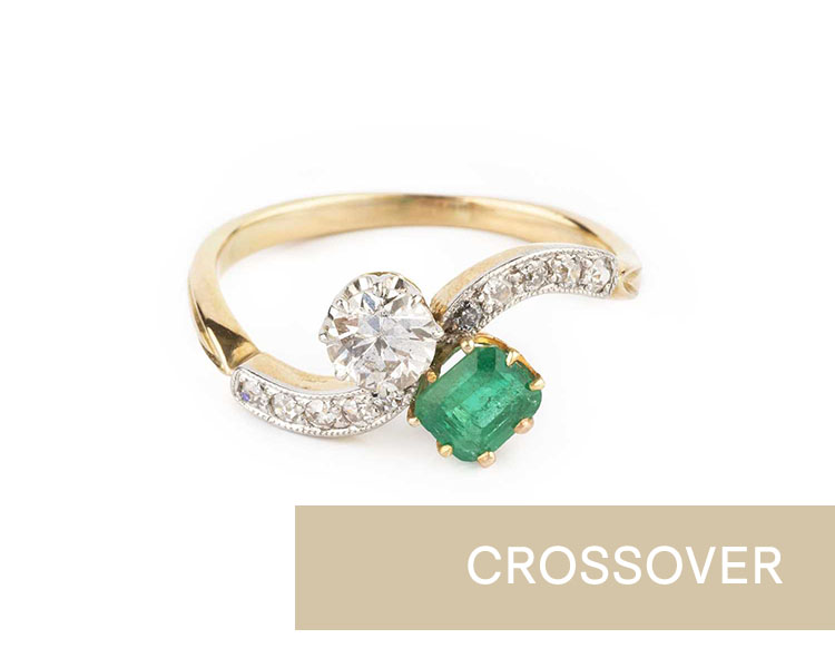 Diamond and emerald crossover ring