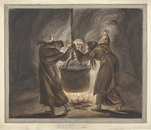 An illustration of the Three Witches in Macbeth.