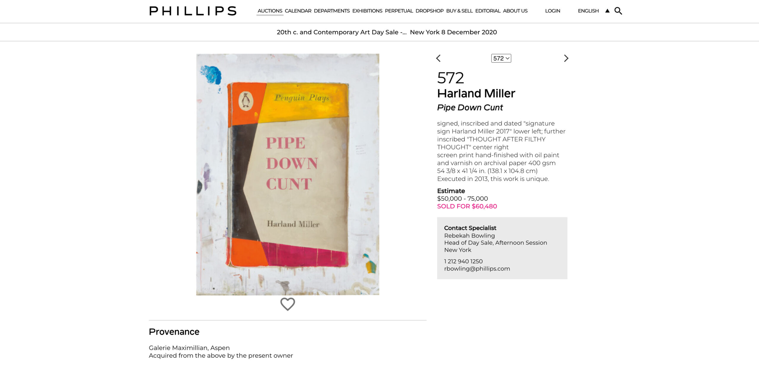 Pipe Down Cunt Sold By Phillips in 2013