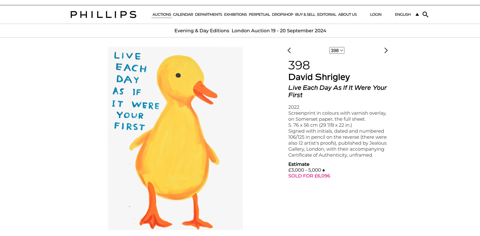 live each days Live Each Day As If It Were Your First sold by Phillips in 2023