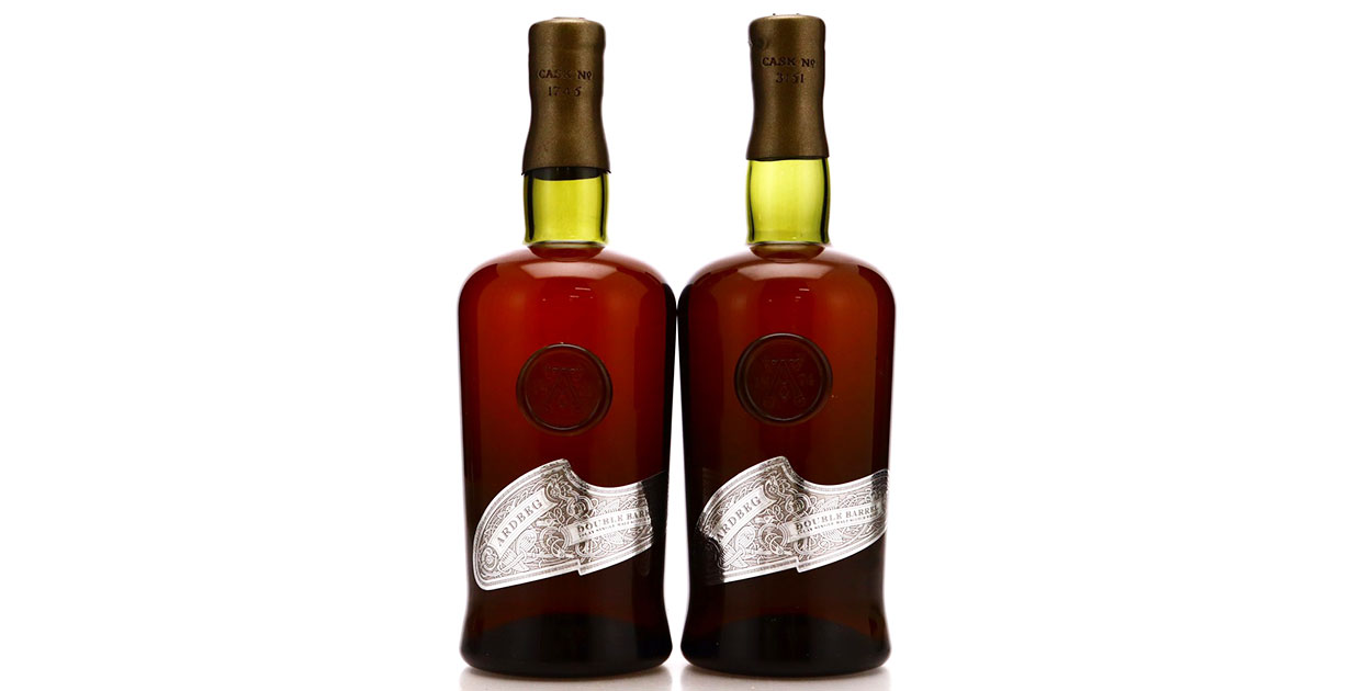 Sell Ardbeg 1974 Double Barrel whisky Ardbeg Double Barrel is a pair of 1974 whiskies with silver labels, the complete sets are the most sought after and originally contained 8 silver tumblers as well as a pen and notebook in a handcrafted leather case.