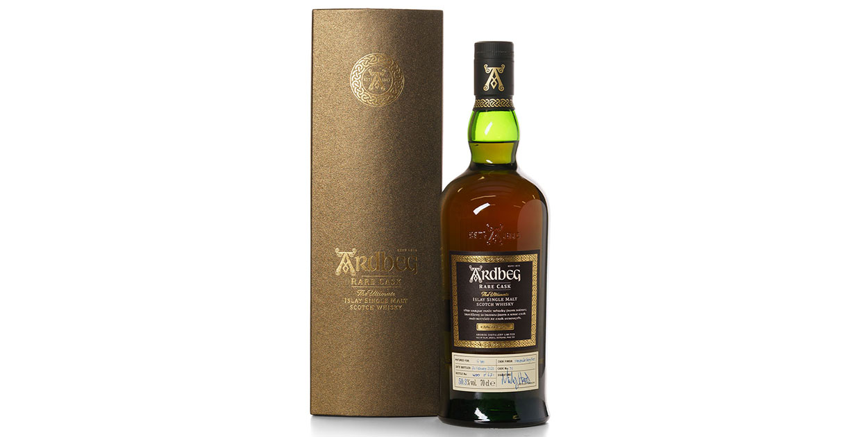 Sell Ardbeg Rare Cask Whisky The 2020 and 2022 Ardbeg Rare Cask releases are presented in a classic Ardbeg bottle displaying the cask details with a bronze/gold presentation box.