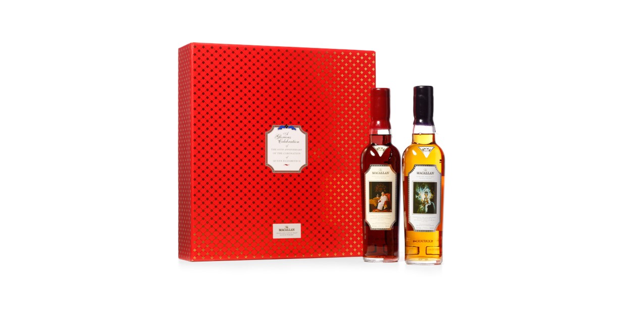Sell Macallan 60th Anniversary Coronation Whisky The two half sized bottles in The Macallan Coronation celebrate the 1953 coronation of the Late Queen Elizabeth with each bottle displaying a photo of the Queen from different eras of her reign.
